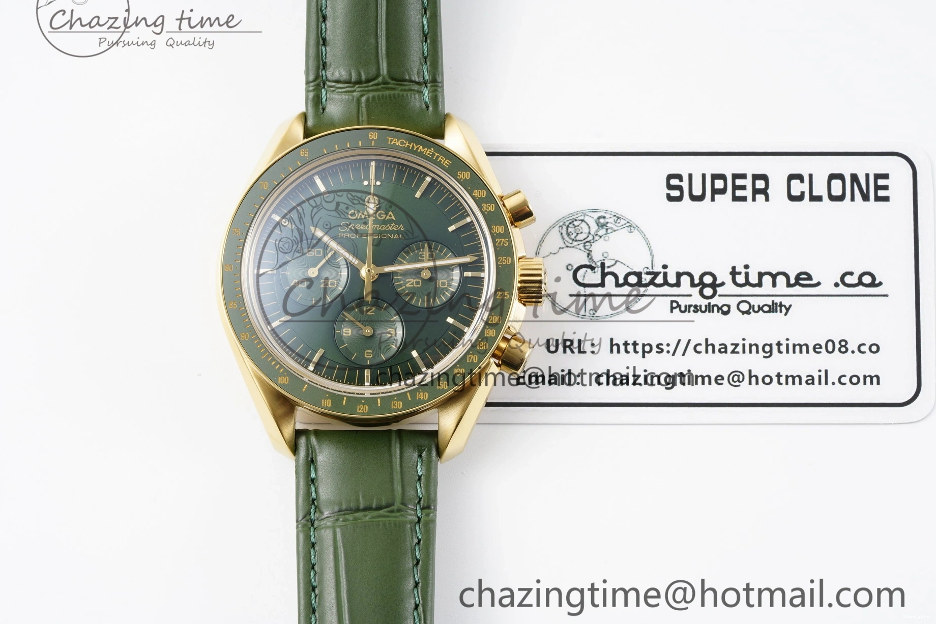 0512 Speedmaster Moonwatch in Moonshine Gold YG RMF Best Edition Green Dial on Green Leather Strap Manual Chrono EasyCare 7832
